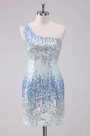 Sparkly Light Blue One Shoulder Sequins Bodycon Mini Dress