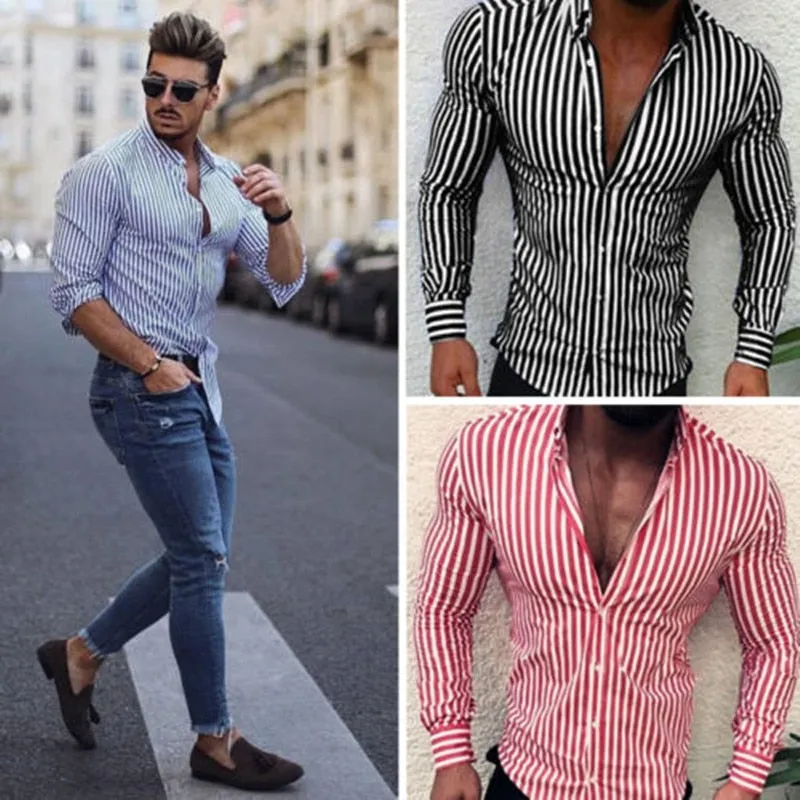 2020 Fashion Men Stripe Long Sleeve European Standard Slim Fit Formal Tops Spring Three Colors Men Shirt