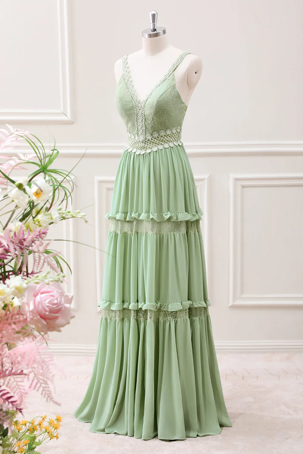 A Line Green V Neck Ruffled Tiered Lace Maxi Dress