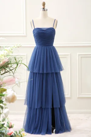 A Line Spaghetti Straps Navy Tiered Tulle Pleated Maxi Dress with Slit