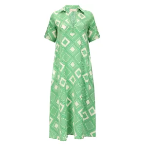 Abstract Silk Maxi Shirt Dress - Green