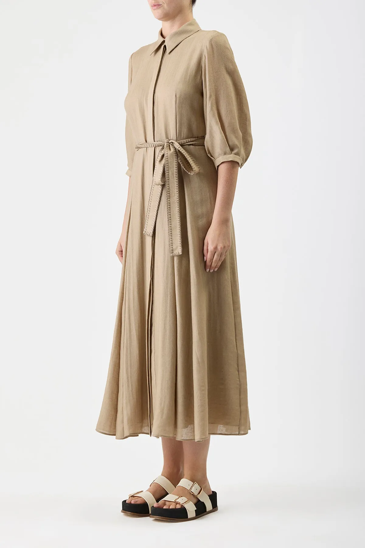 Andy Pleated Maxi Shirtdress in Khaki Virgin Wool Cashmere