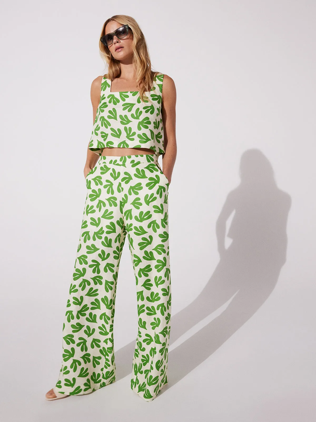 Angelina Leaf Print Wide Leg Trousers