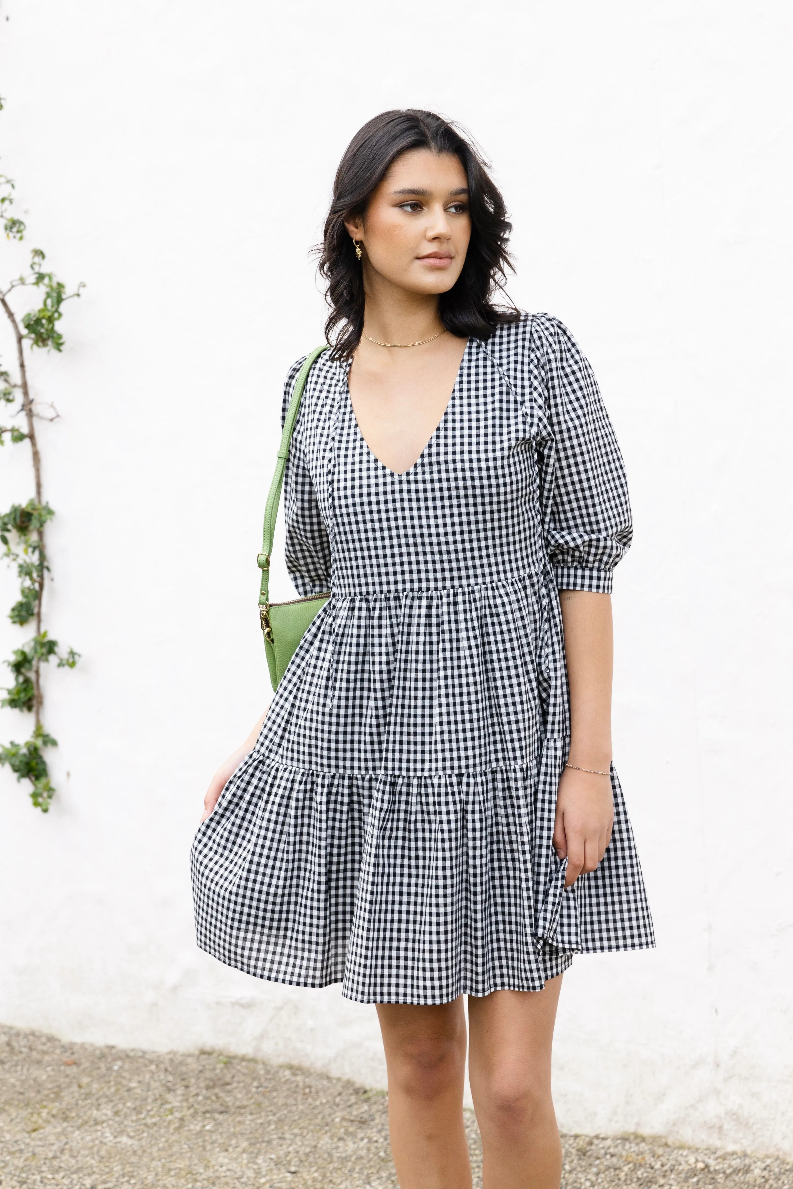 Anytime Black Gingham Tie Back Ss Puff Sleeve Tiered Mini Dress