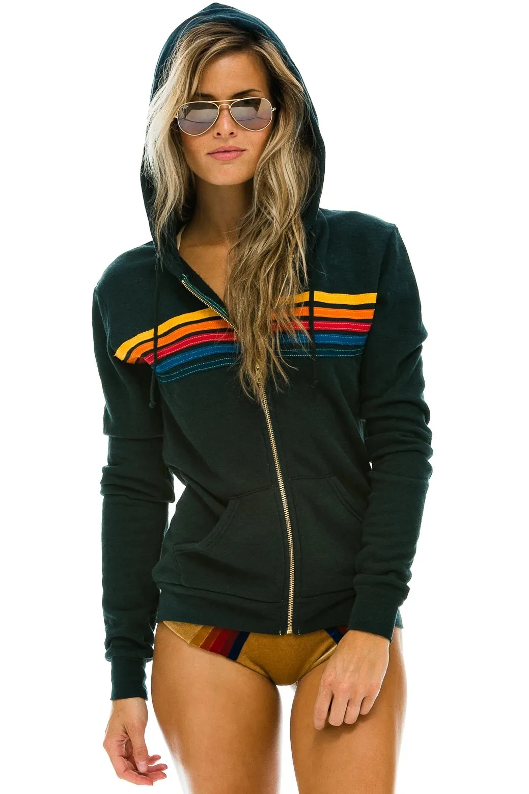 Aviator Nation - 5 Stripe Zip Hoodie in Charcoal