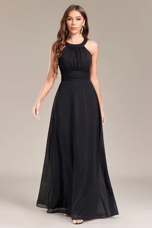 Black A Line Halter Open Back Chiffon Maxi Dress