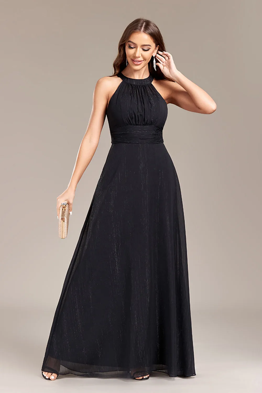 Black A Line Halter Open Back Chiffon Maxi Dress