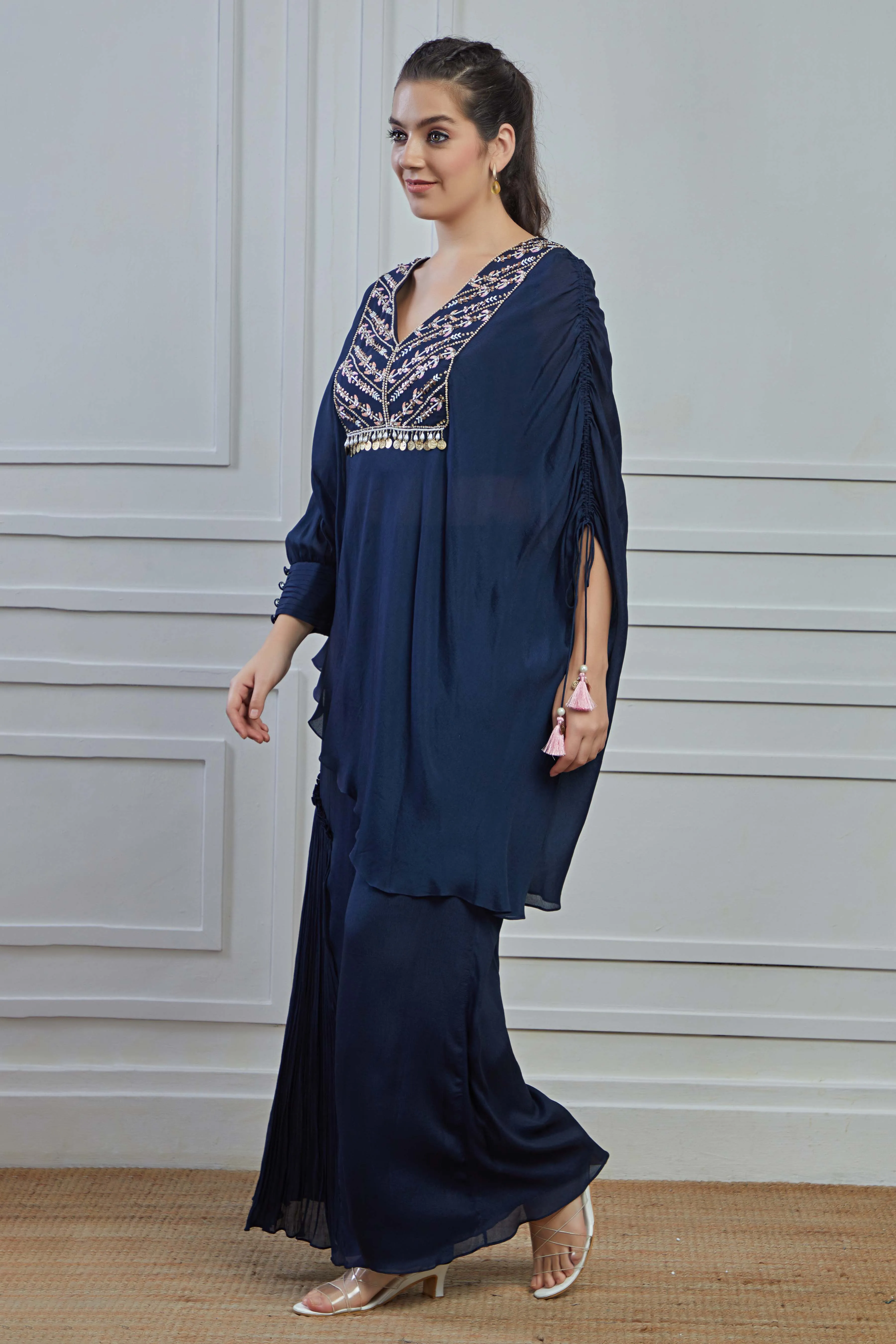 Blue Embellished Crepe Silk Kurta Palazzo Set