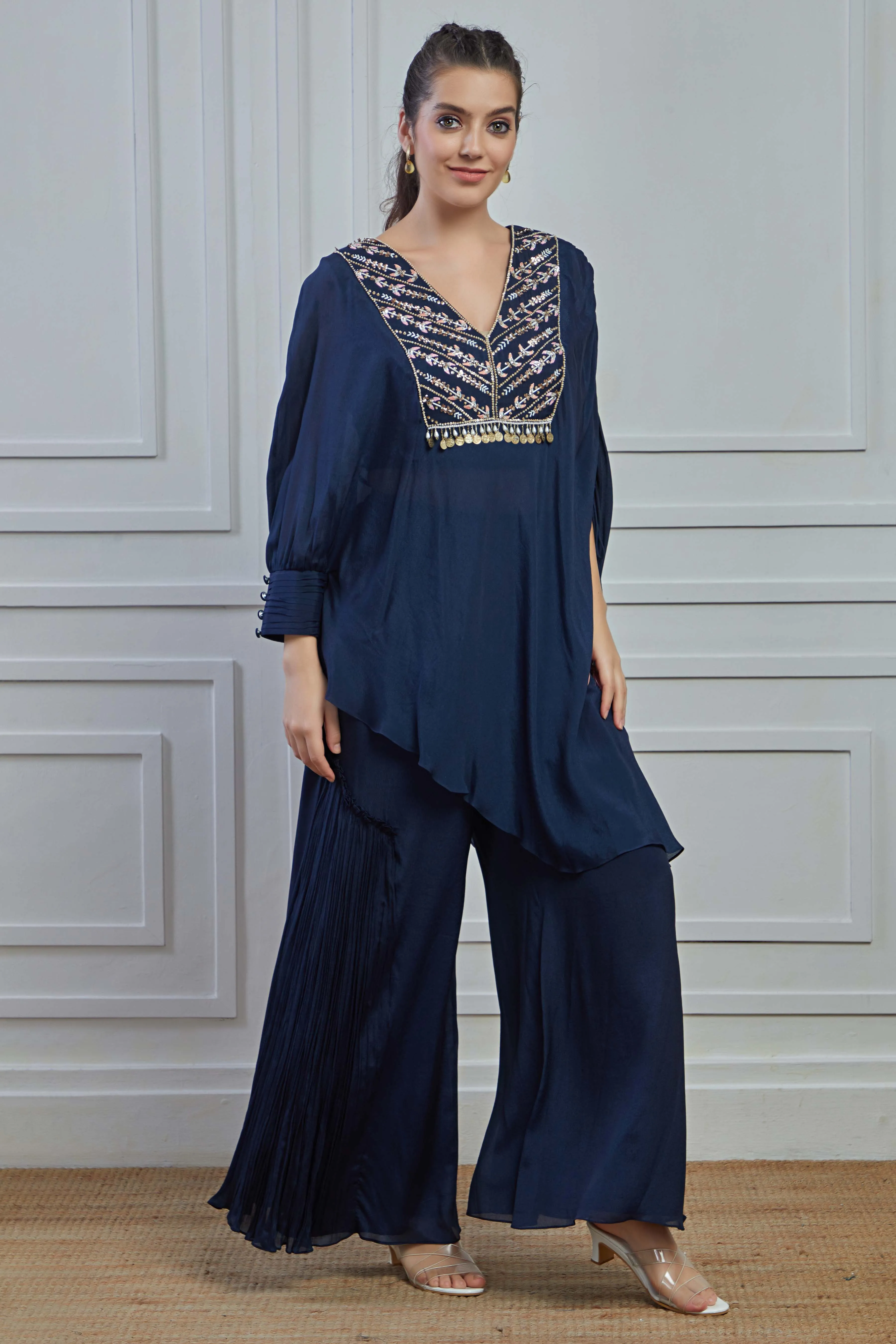 Blue Embellished Crepe Silk Kurta Palazzo Set