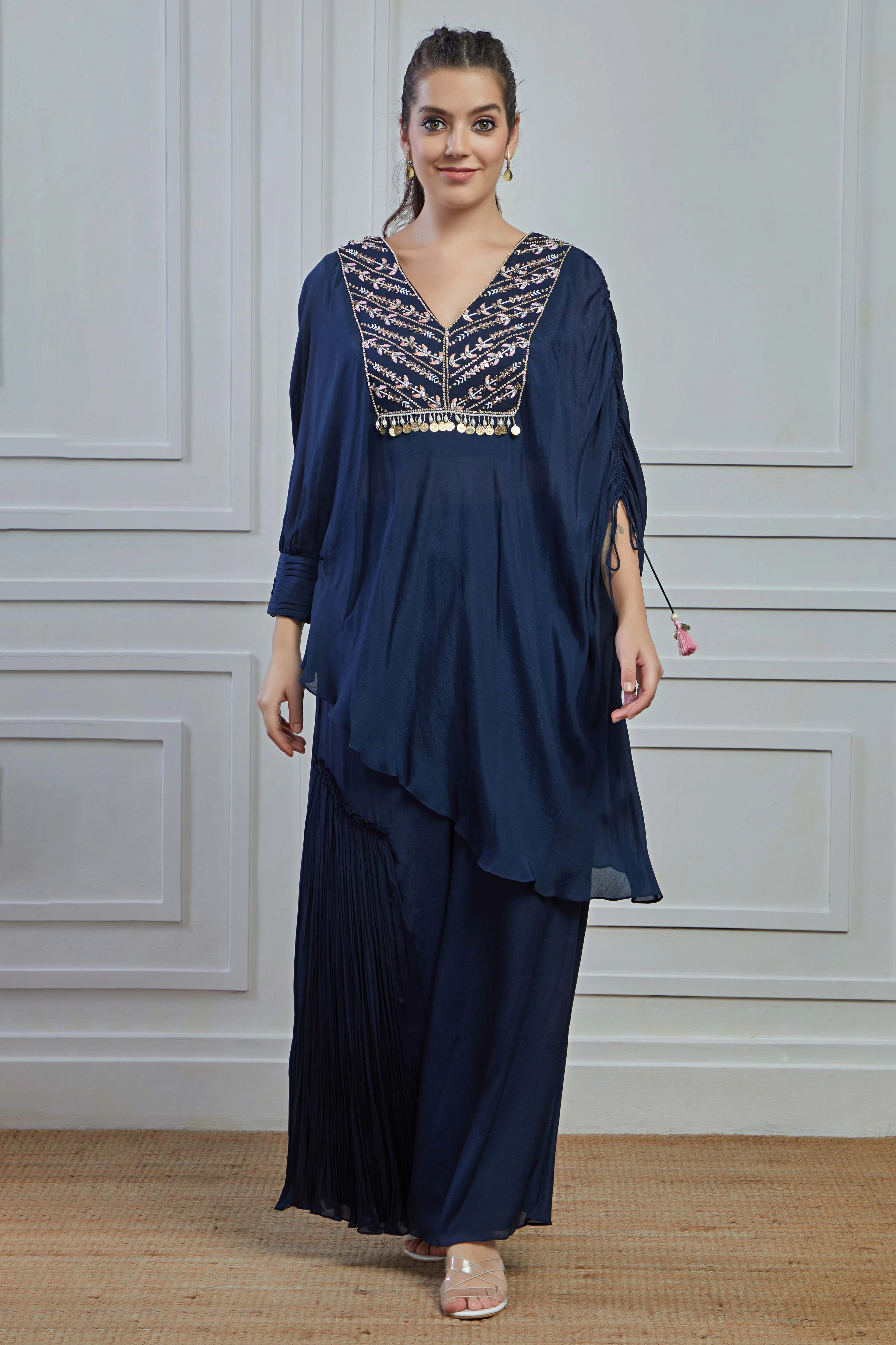 Blue Embellished Crepe Silk Kurta Palazzo Set