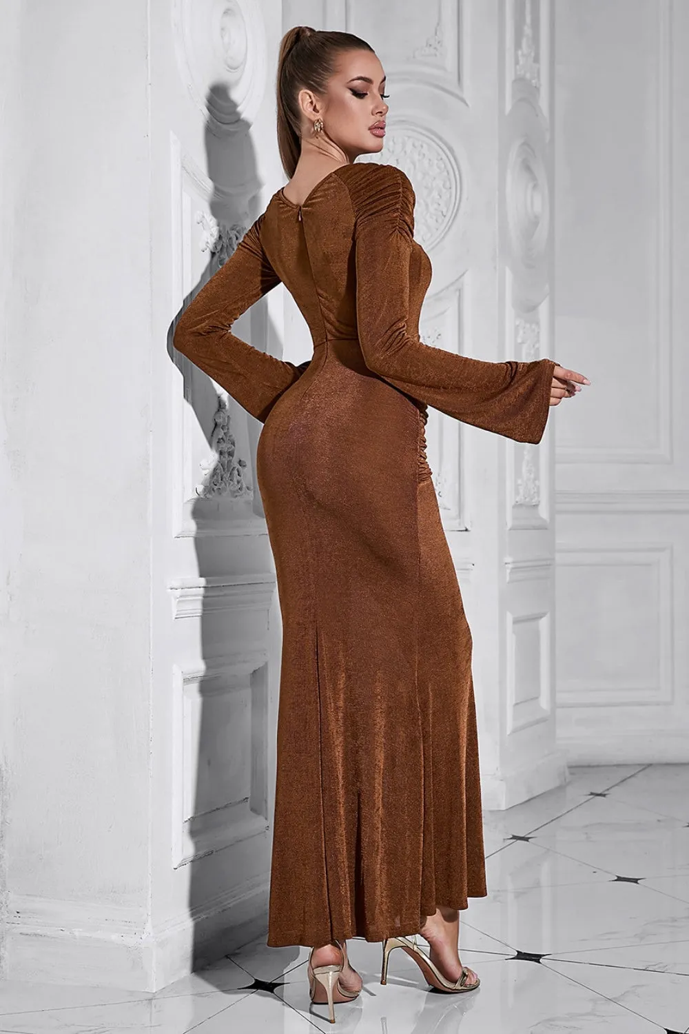 Brown Mermaid Long Sleeves Ruched Round Neck Wedding Guest Dress