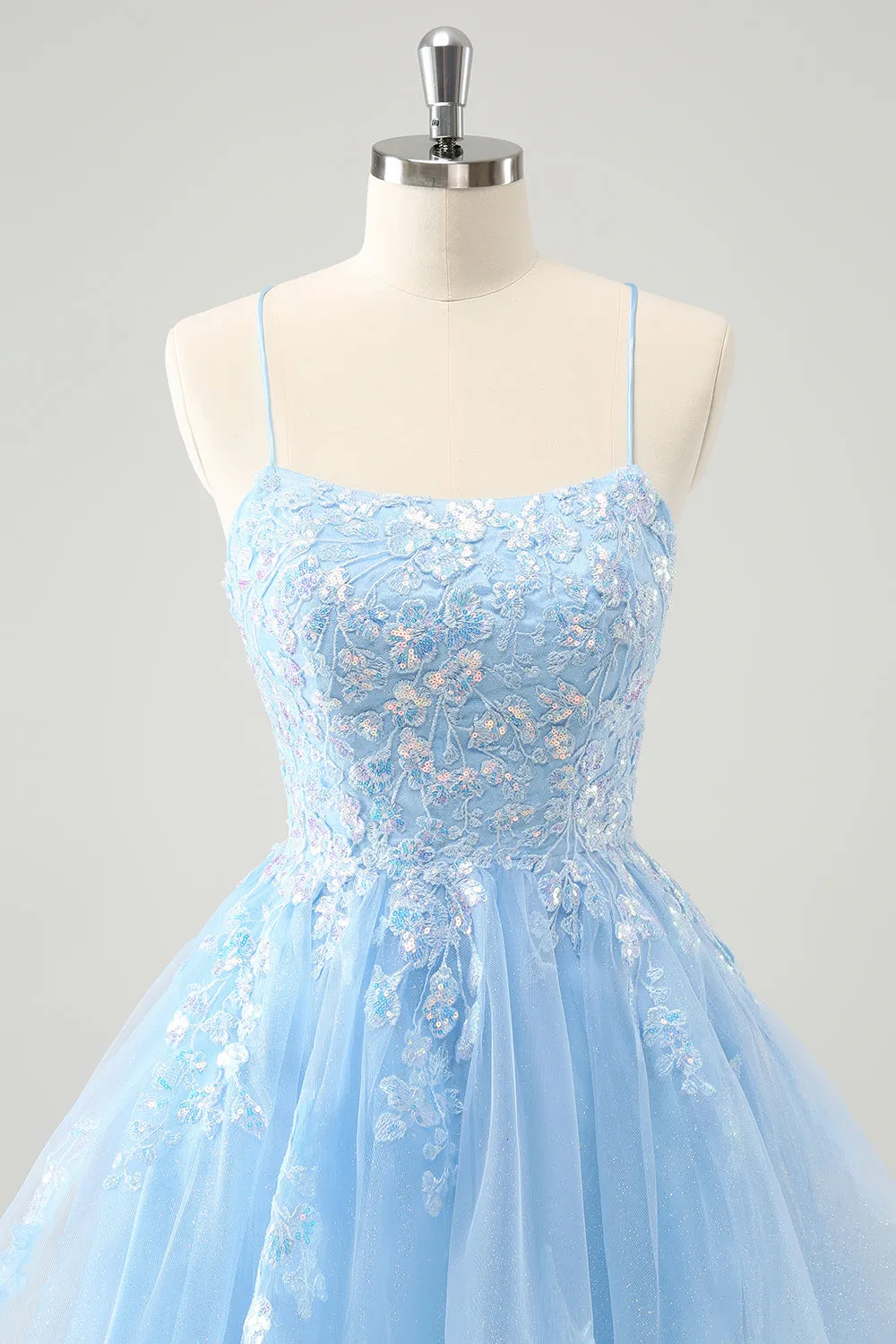 Cute Glitter Blue A Line Sequins Mini Dress with Appliques