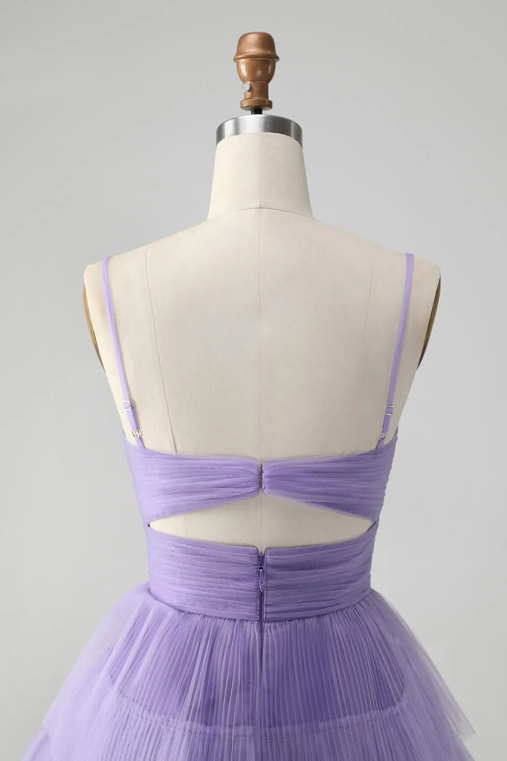 Cute Purple A Line Spaghetti Straps Tulle Tiered Mini Dress