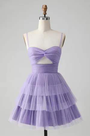 Cute Purple A Line Spaghetti Straps Tulle Tiered Mini Dress