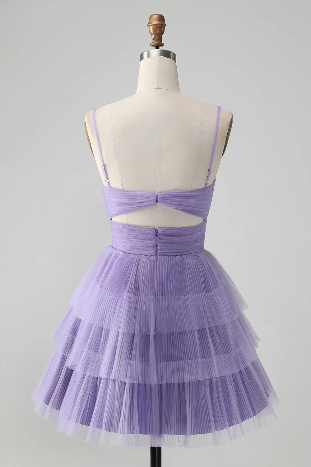 Cute Purple A Line Spaghetti Straps Tulle Tiered Mini Dress