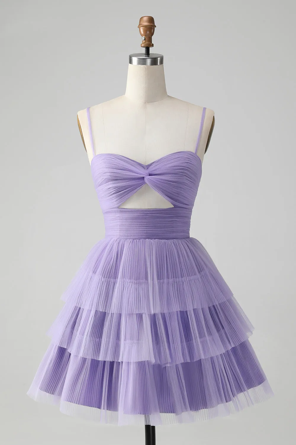 Cute Purple A Line Spaghetti Straps Tulle Tiered Mini Dress