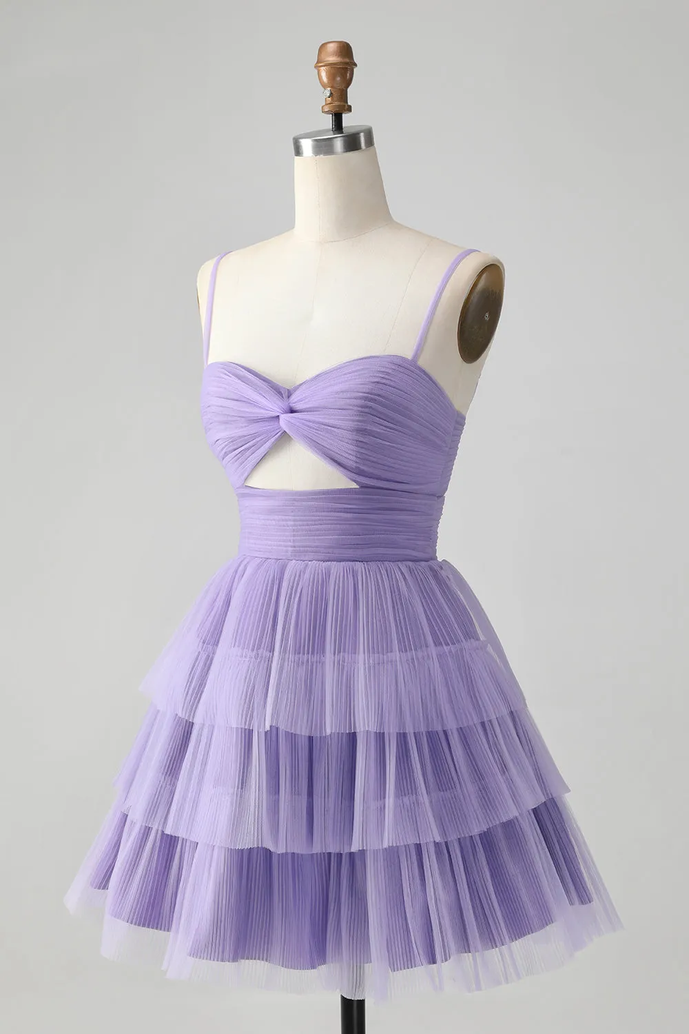 Cute Purple A Line Spaghetti Straps Tulle Tiered Mini Dress