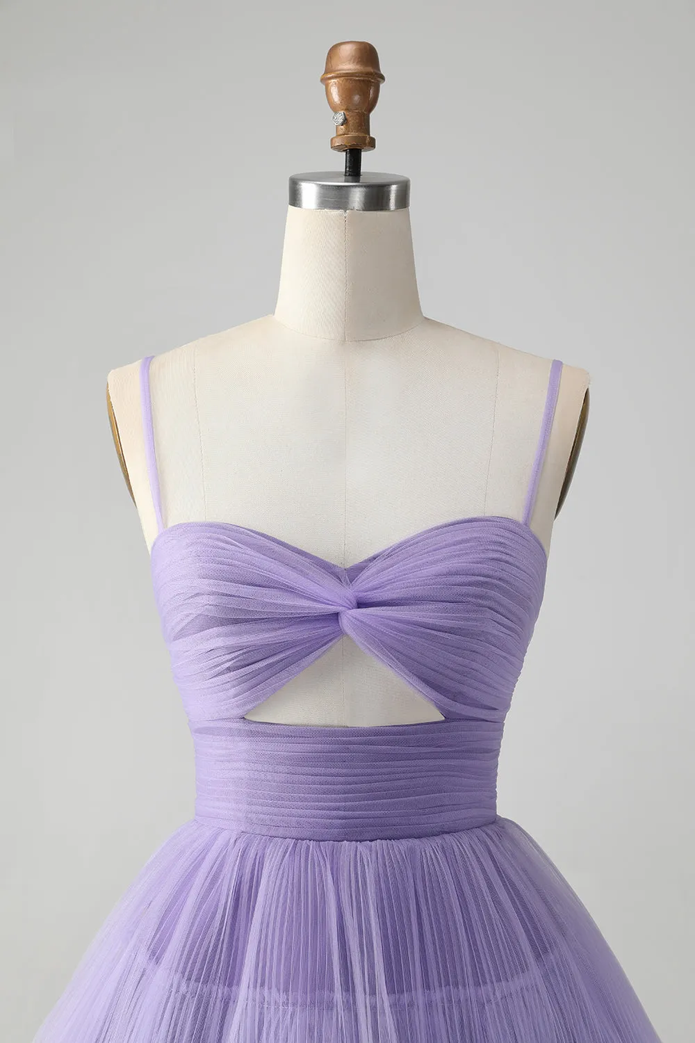 Cute Purple A Line Spaghetti Straps Tulle Tiered Mini Dress