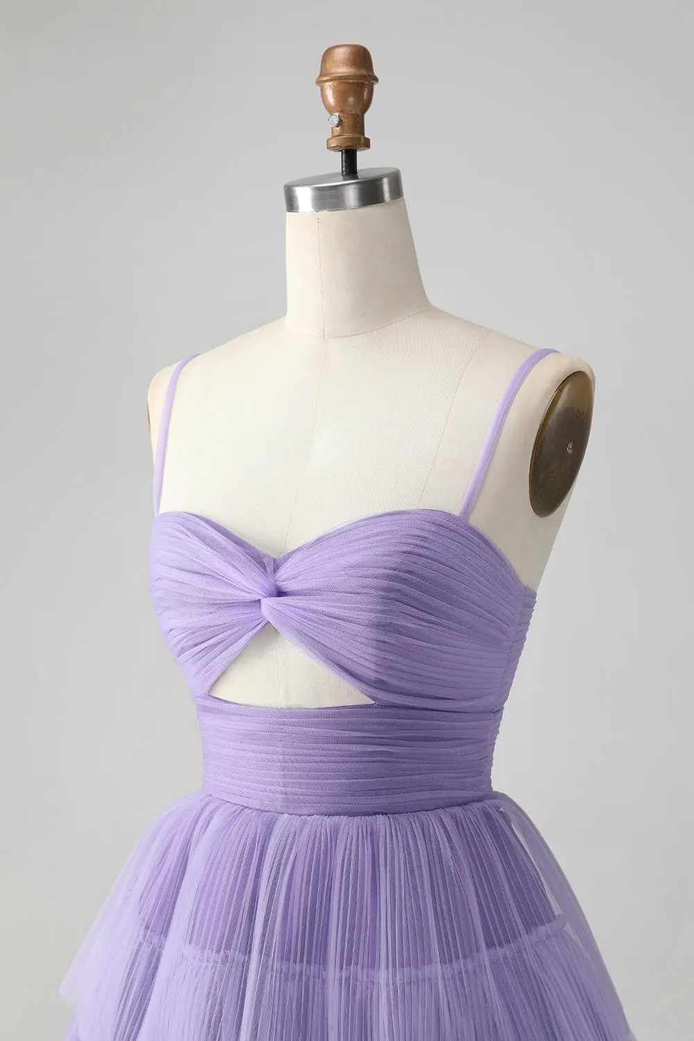 Cute Purple A Line Spaghetti Straps Tulle Tiered Mini Dress