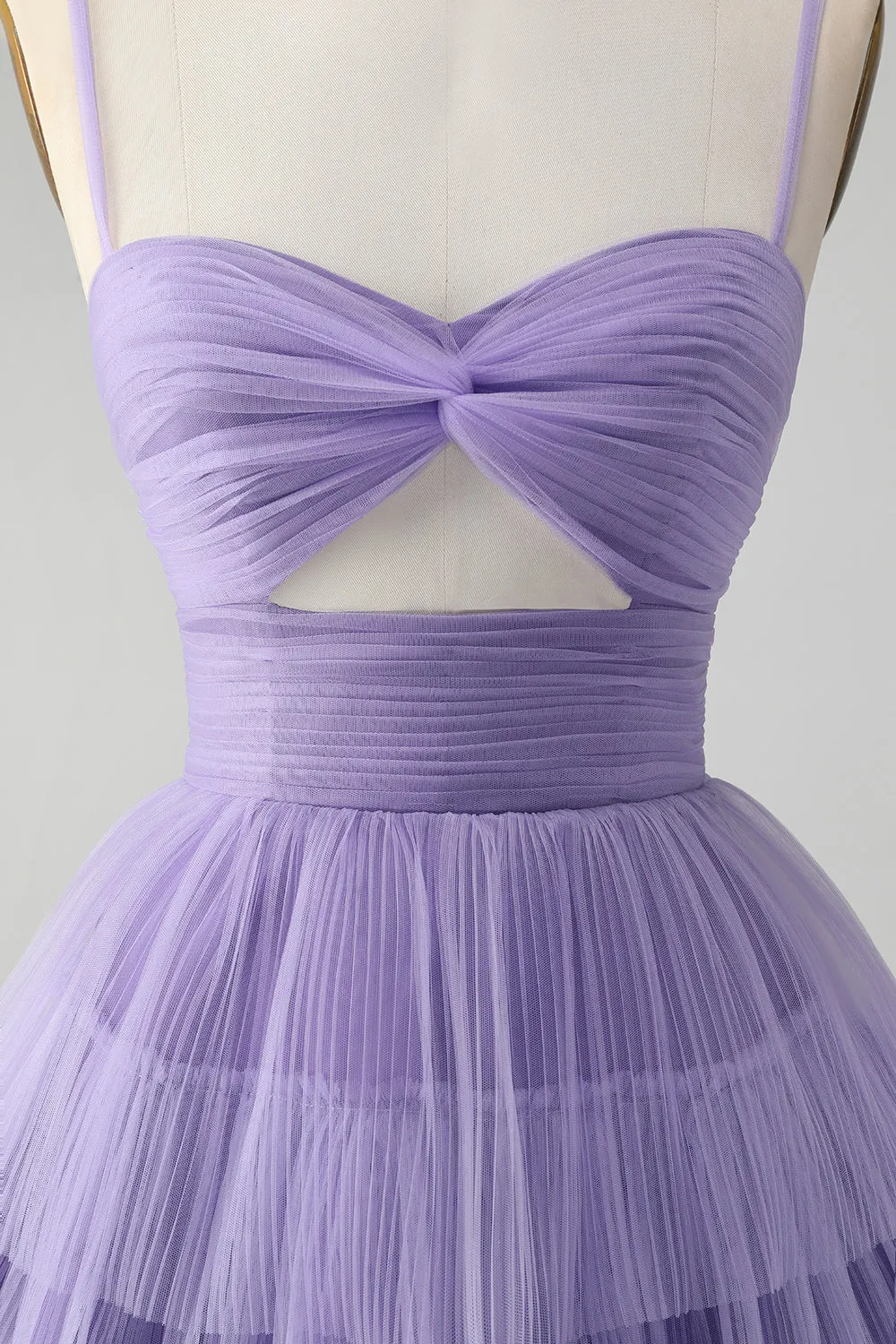 Cute Purple A Line Spaghetti Straps Tulle Tiered Mini Dress