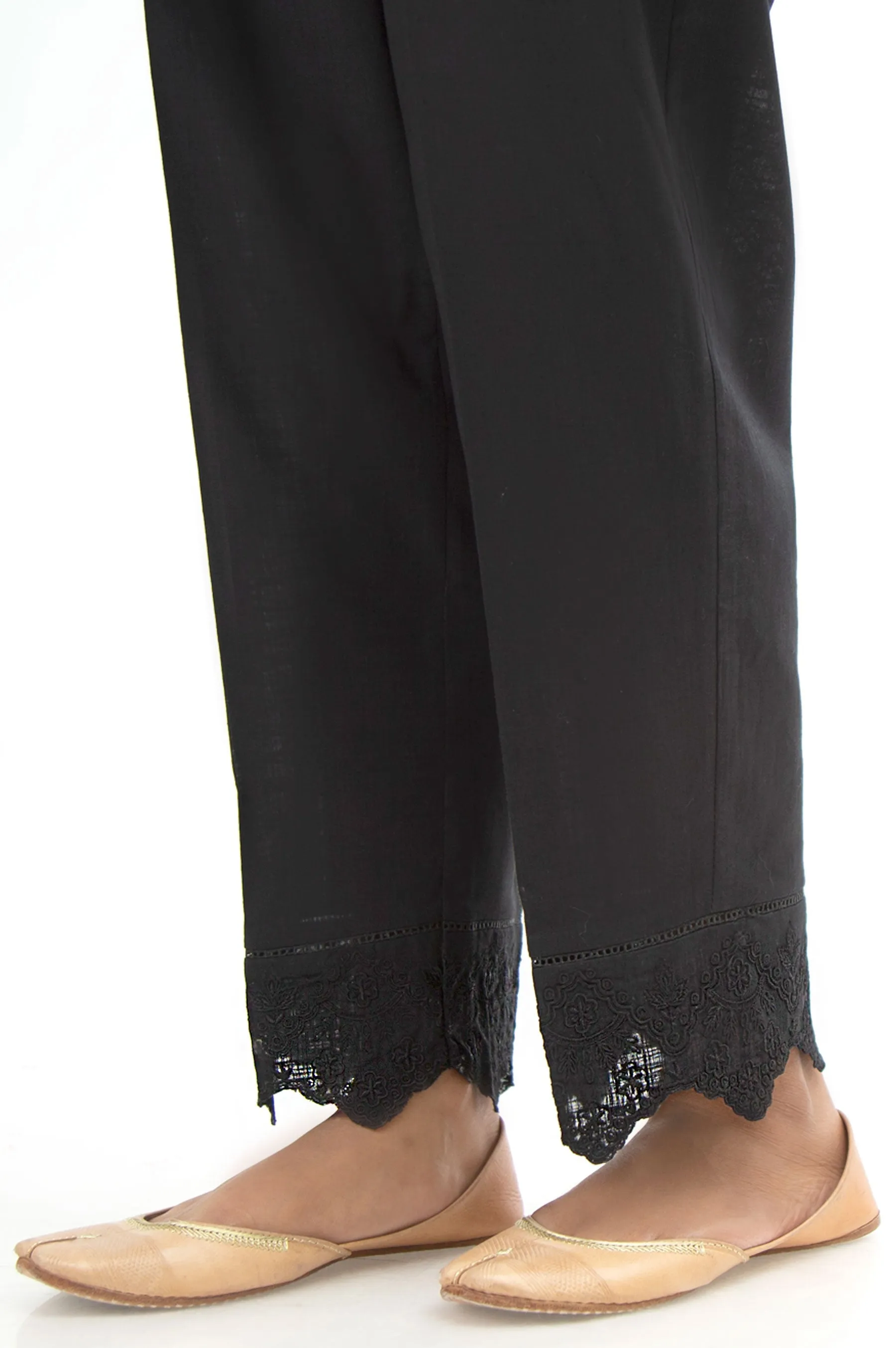 Embroidered Cotton Slub Cigarette Pants - Black