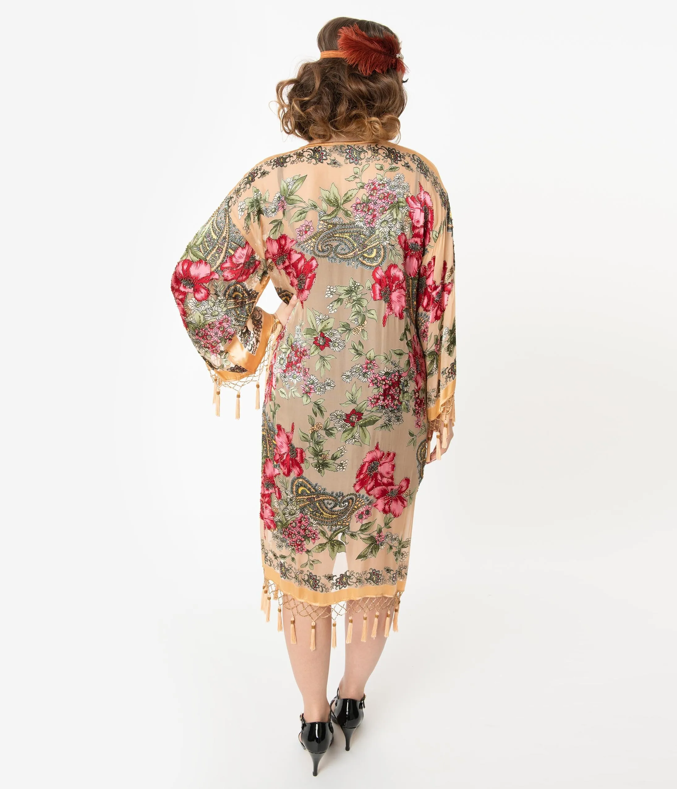 Flapper Style Gold Beaded Floral Print Scarf Coat