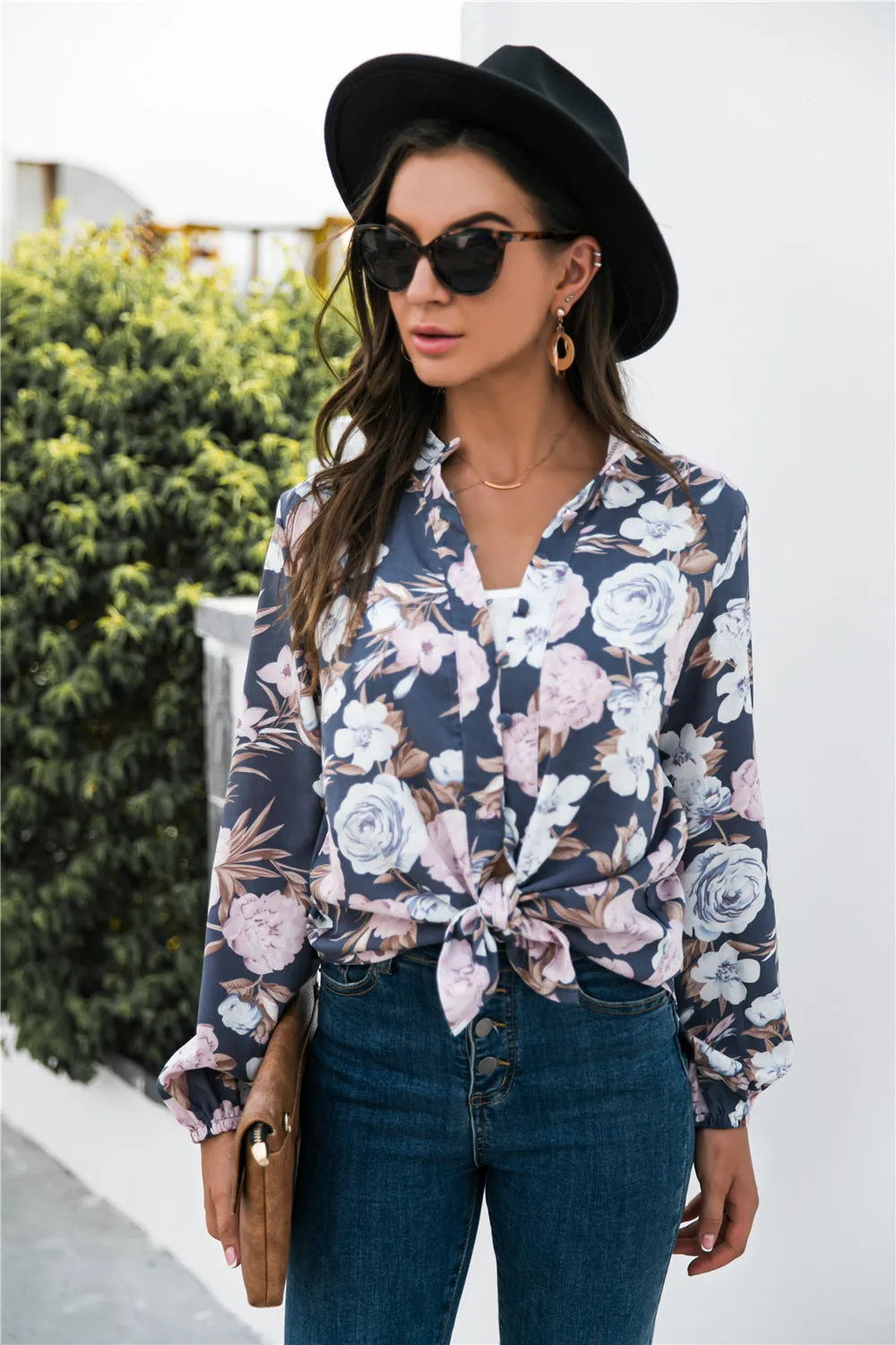 Floral Print Mock Neck Button Front Shirt