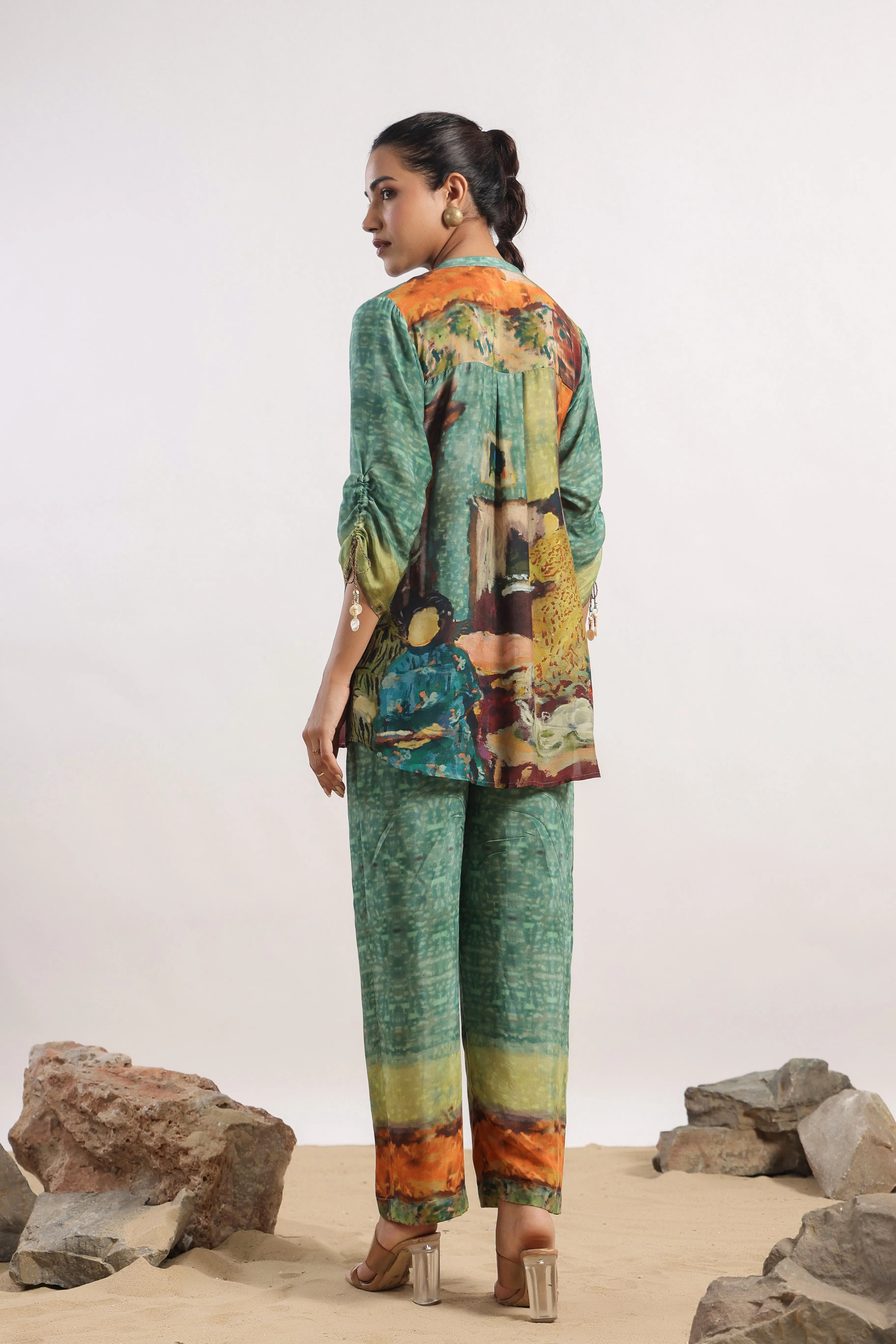 Forest Green Abstract Printed Muslin Silk Co-Ord Set