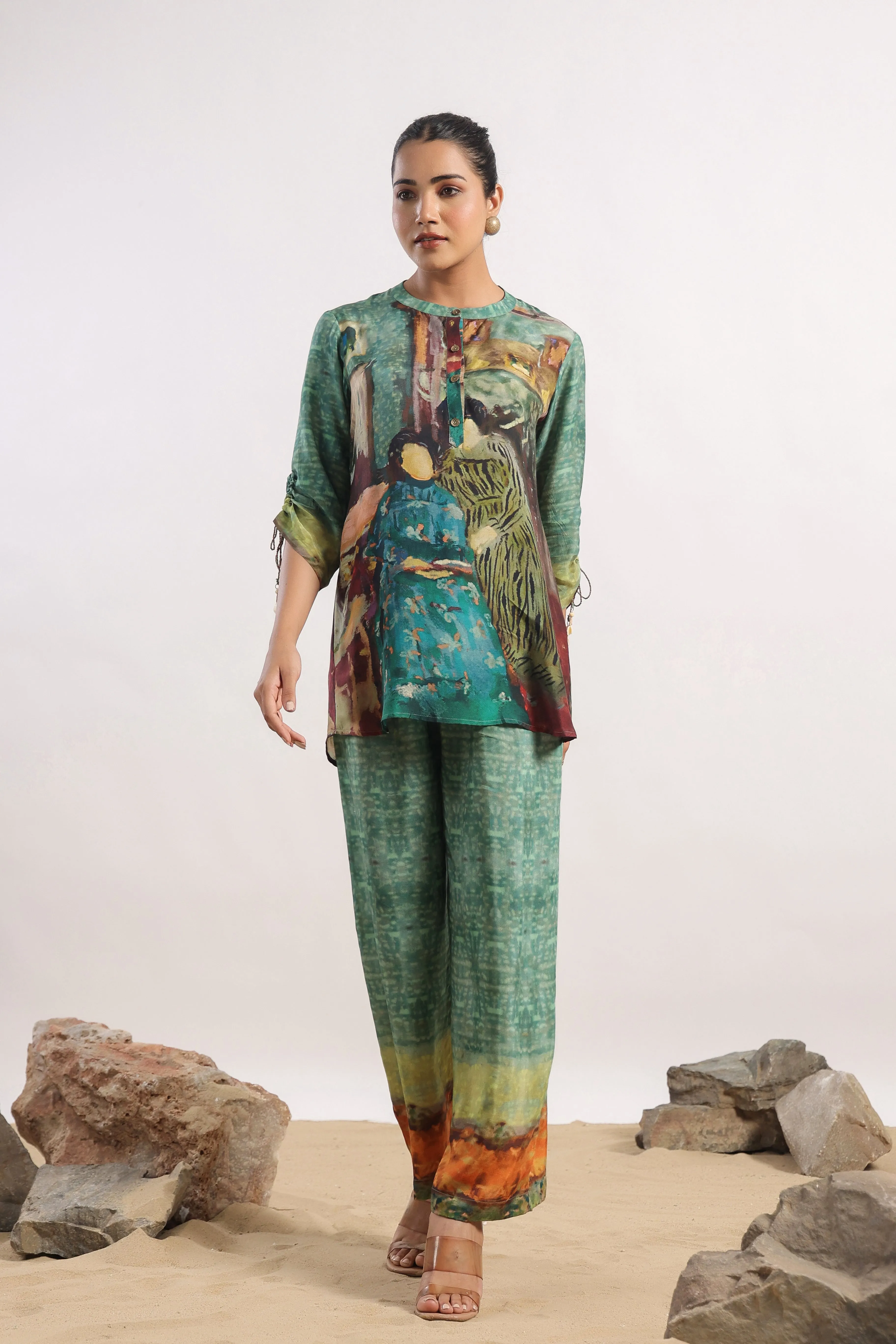 Forest Green Abstract Printed Muslin Silk Co-Ord Set