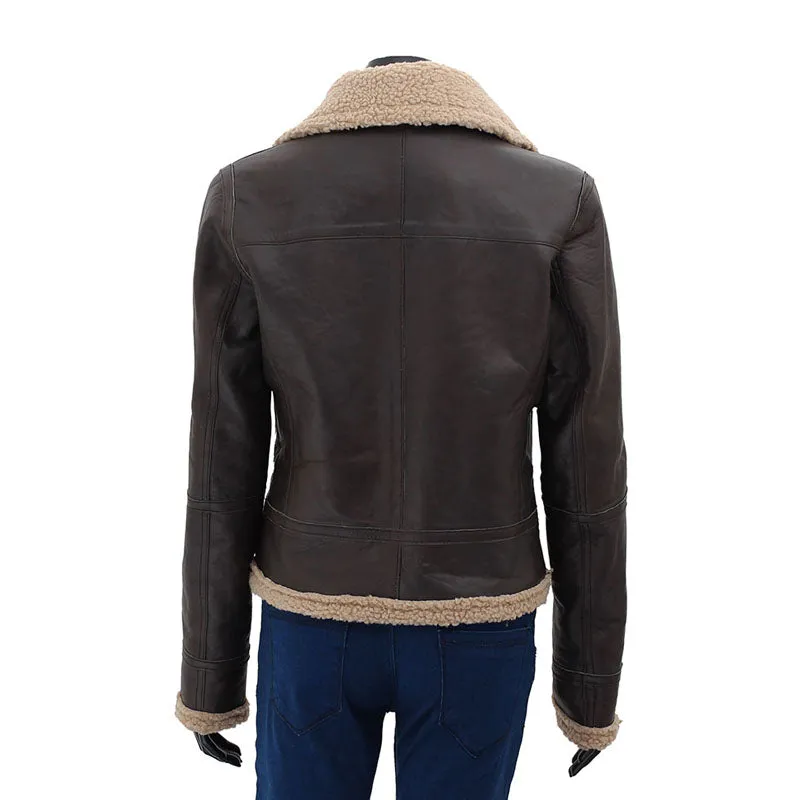 Frances Womens Dark Brown Best Leather Bomber Jacket with Shearling