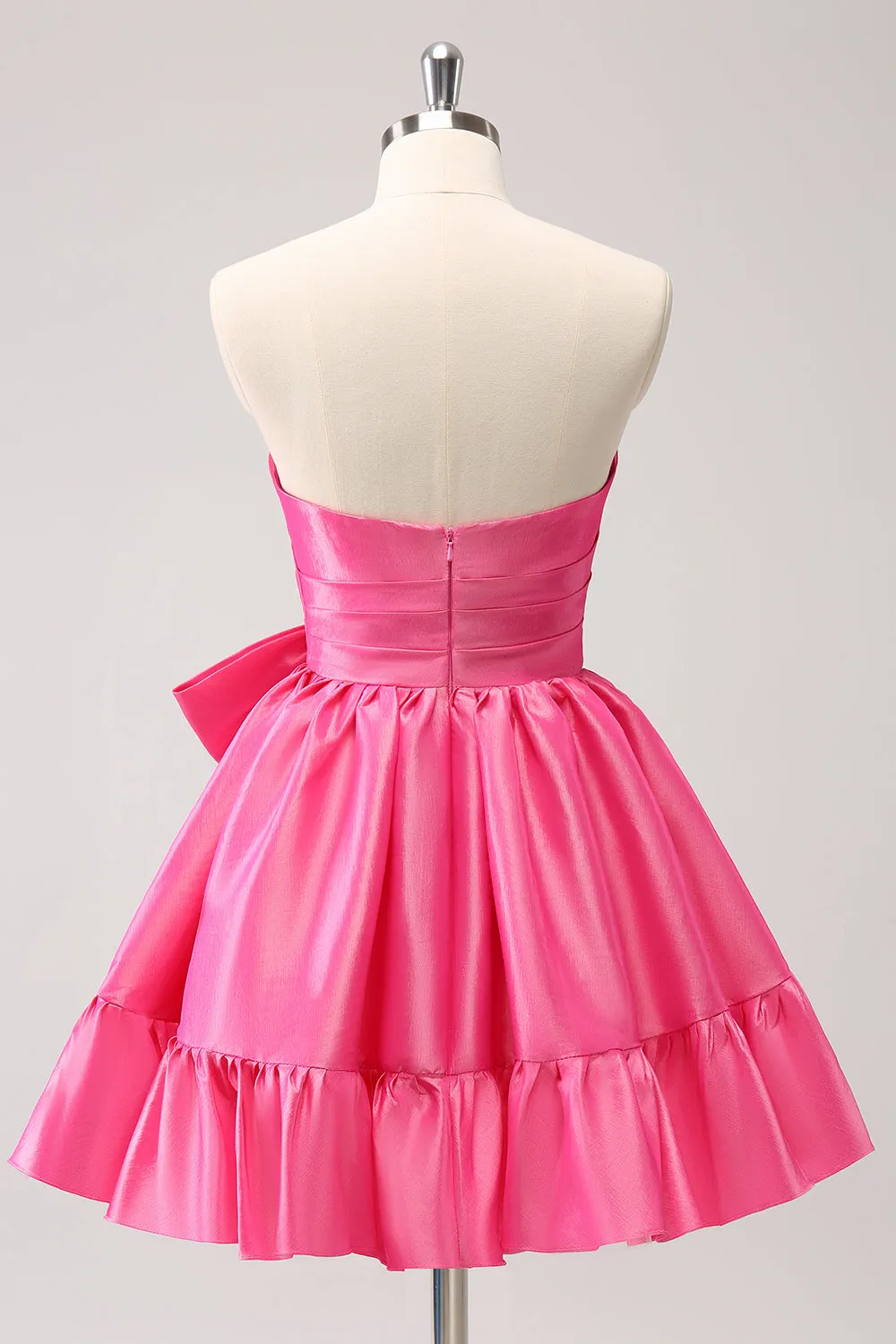 Fuchsia A-Line Strapless Ruffle Mini Dress with Bow