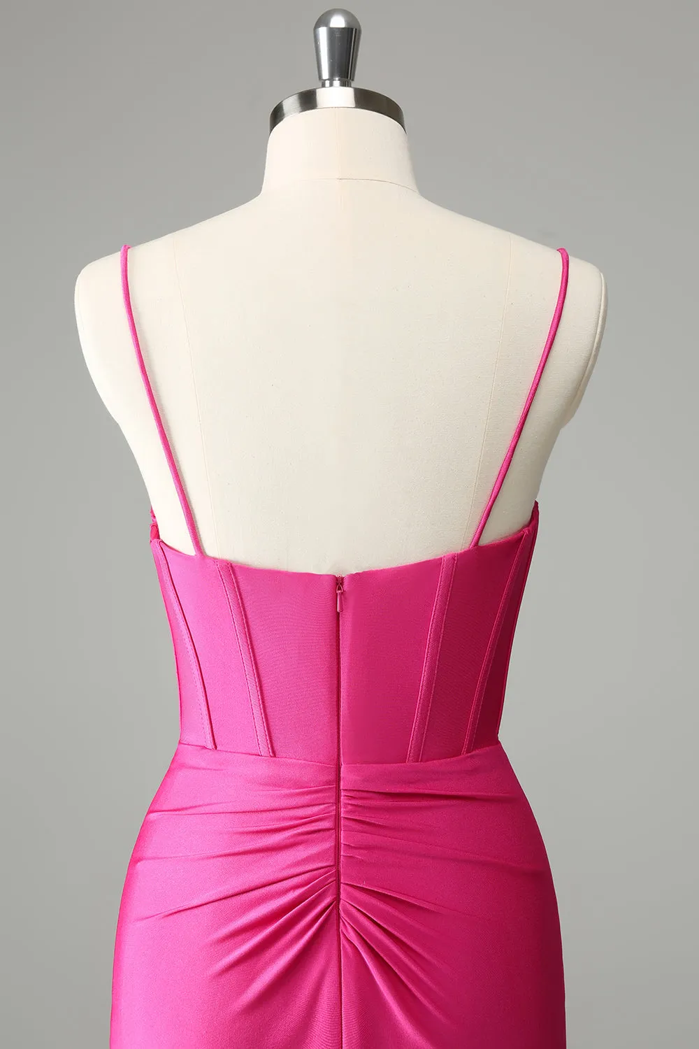 Fuchsia Bodycon Spaghetti Straps Satin Mini Dress