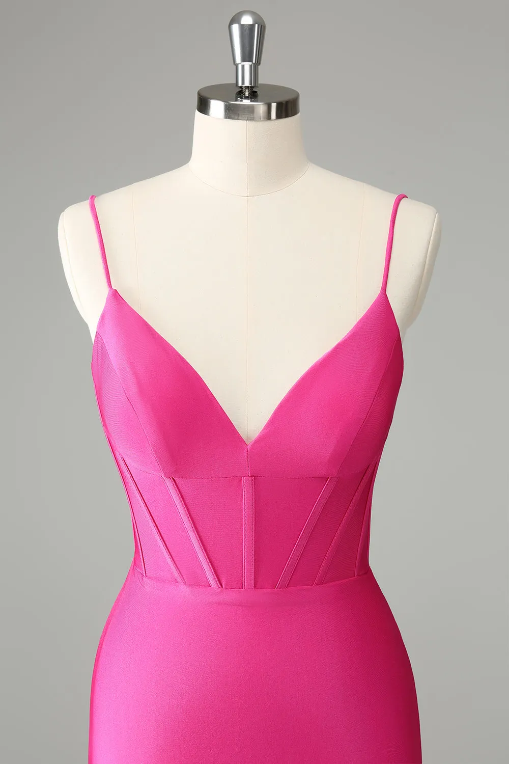 Fuchsia Bodycon Spaghetti Straps Satin Mini Dress