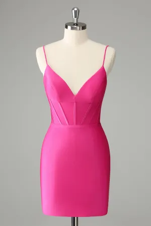 Fuchsia Bodycon Spaghetti Straps Satin Mini Dress