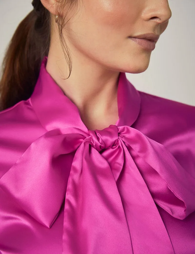 FUCHSIA FITTED SATIN BLOUSE - PUSSY BOW