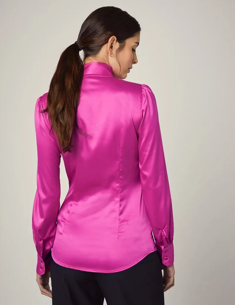 FUCHSIA FITTED SATIN BLOUSE - PUSSY BOW