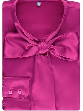 FUCHSIA FITTED SATIN BLOUSE - PUSSY BOW