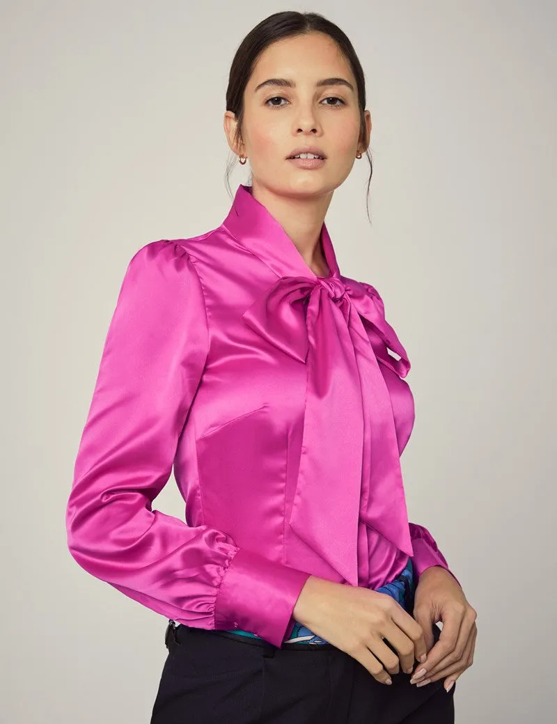 FUCHSIA FITTED SATIN BLOUSE - PUSSY BOW