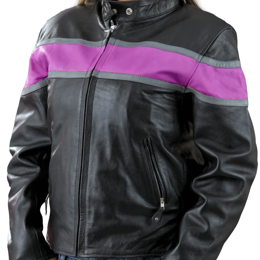 Genuine Leather EL7111 Ladies Black and Purple Racer Style Leather Jacket