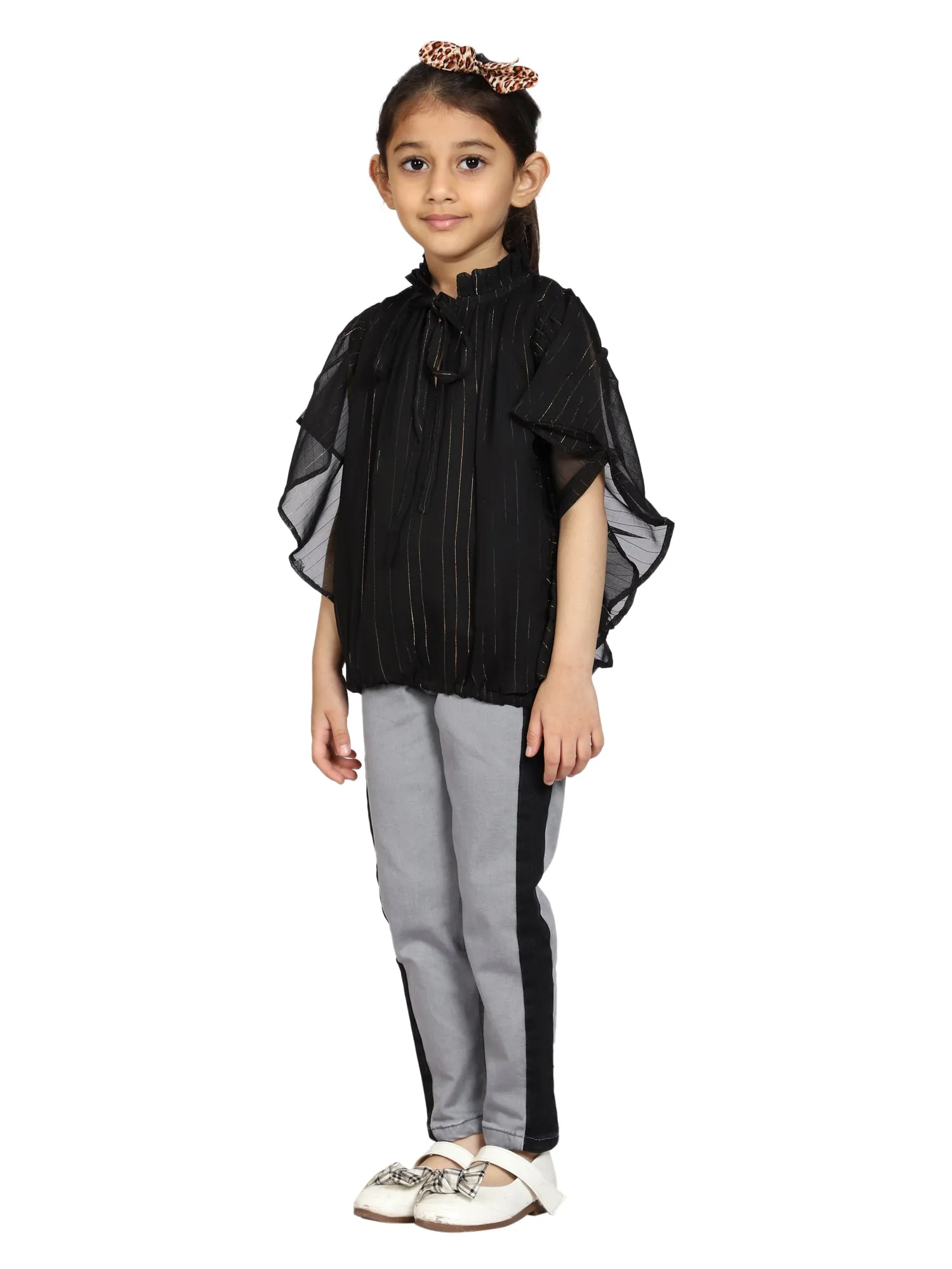 Girls Butterfly Sleeve Top With Neck Tie up