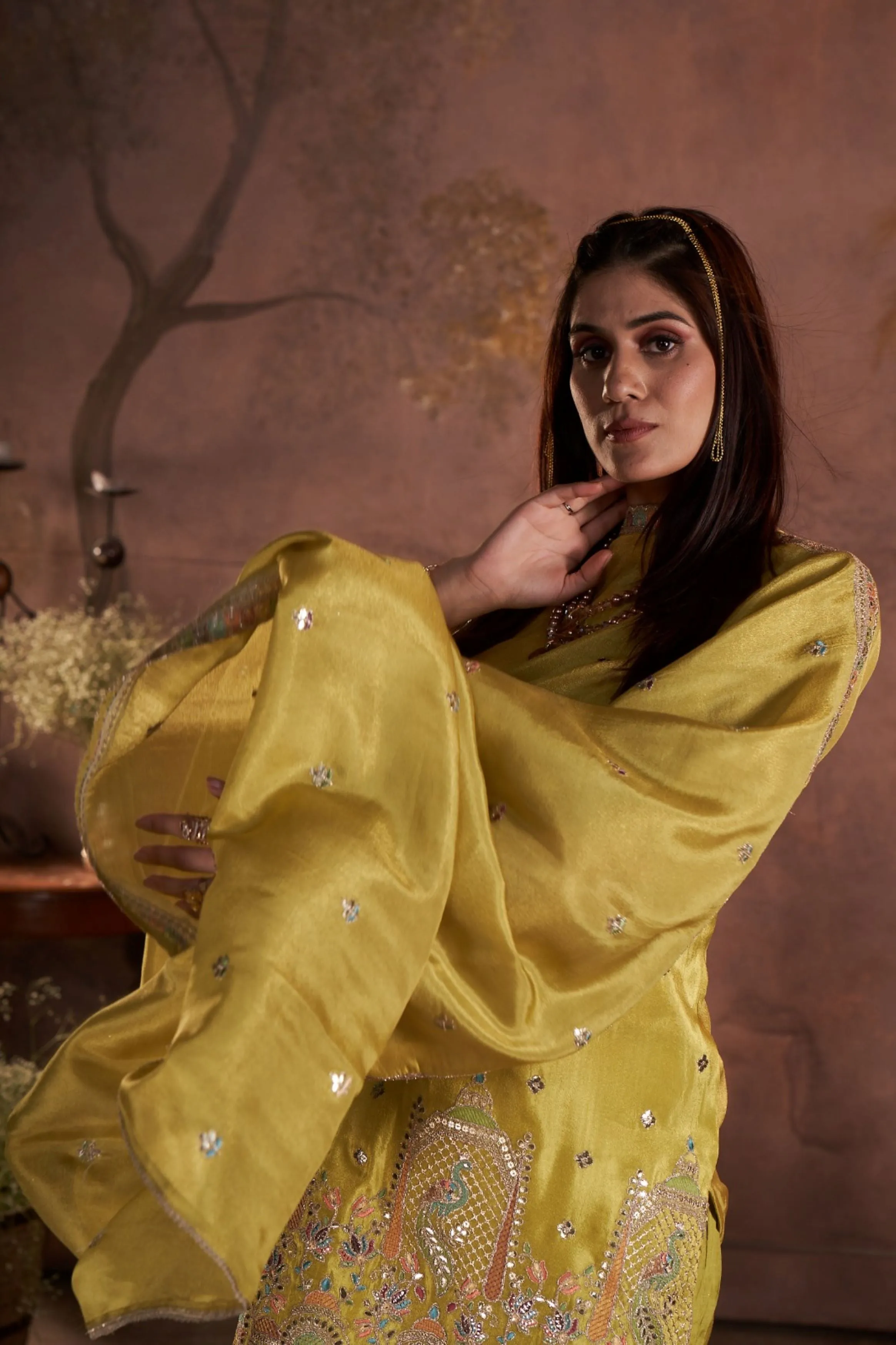 Golden Yellow Embellished Glass Tissue Silk Kurta Pant Set