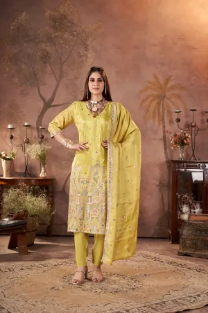 Golden Yellow Embellished Glass Tissue Silk Kurta Pant Set