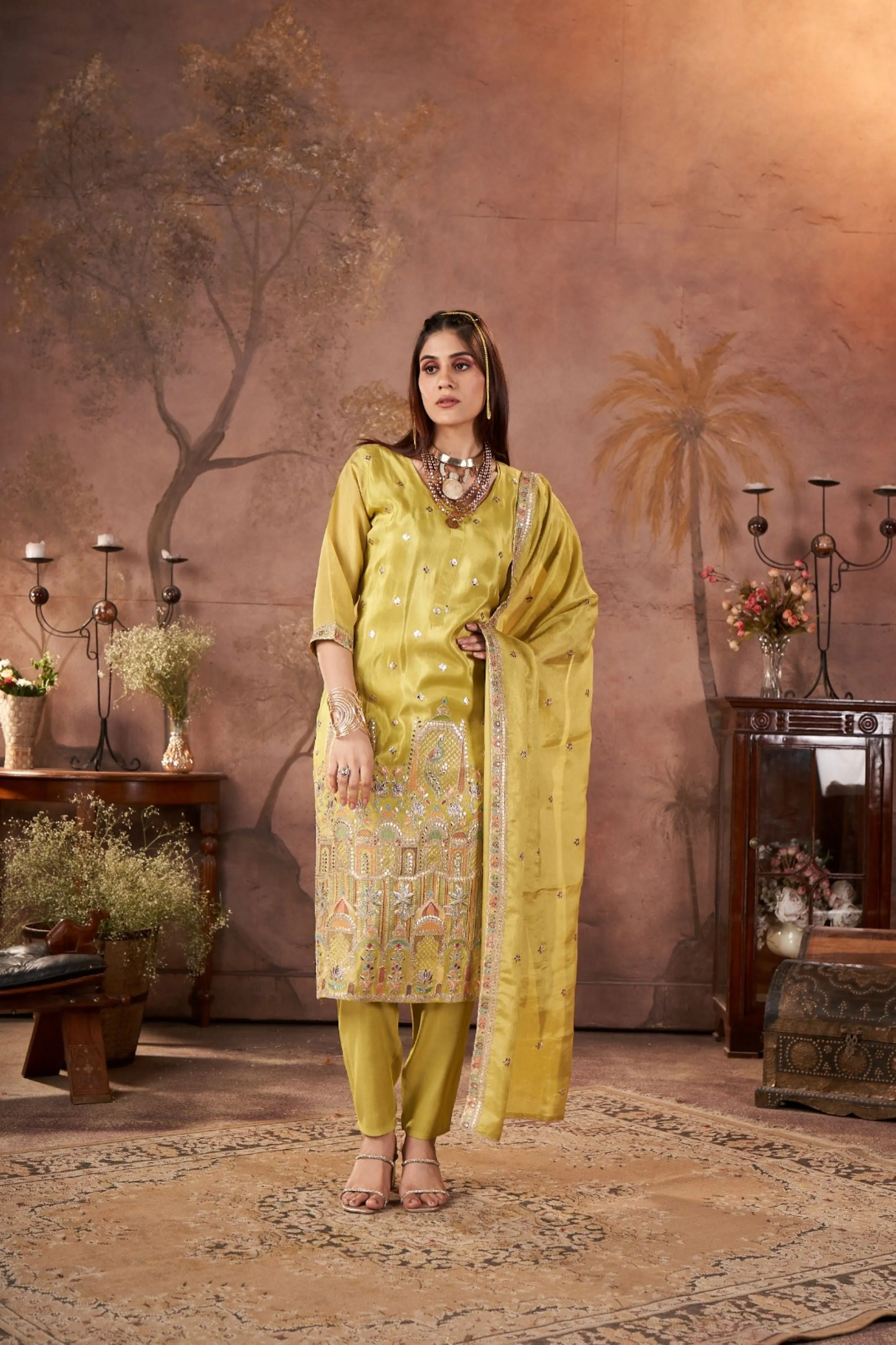 Golden Yellow Embellished Glass Tissue Silk Kurta Pant Set