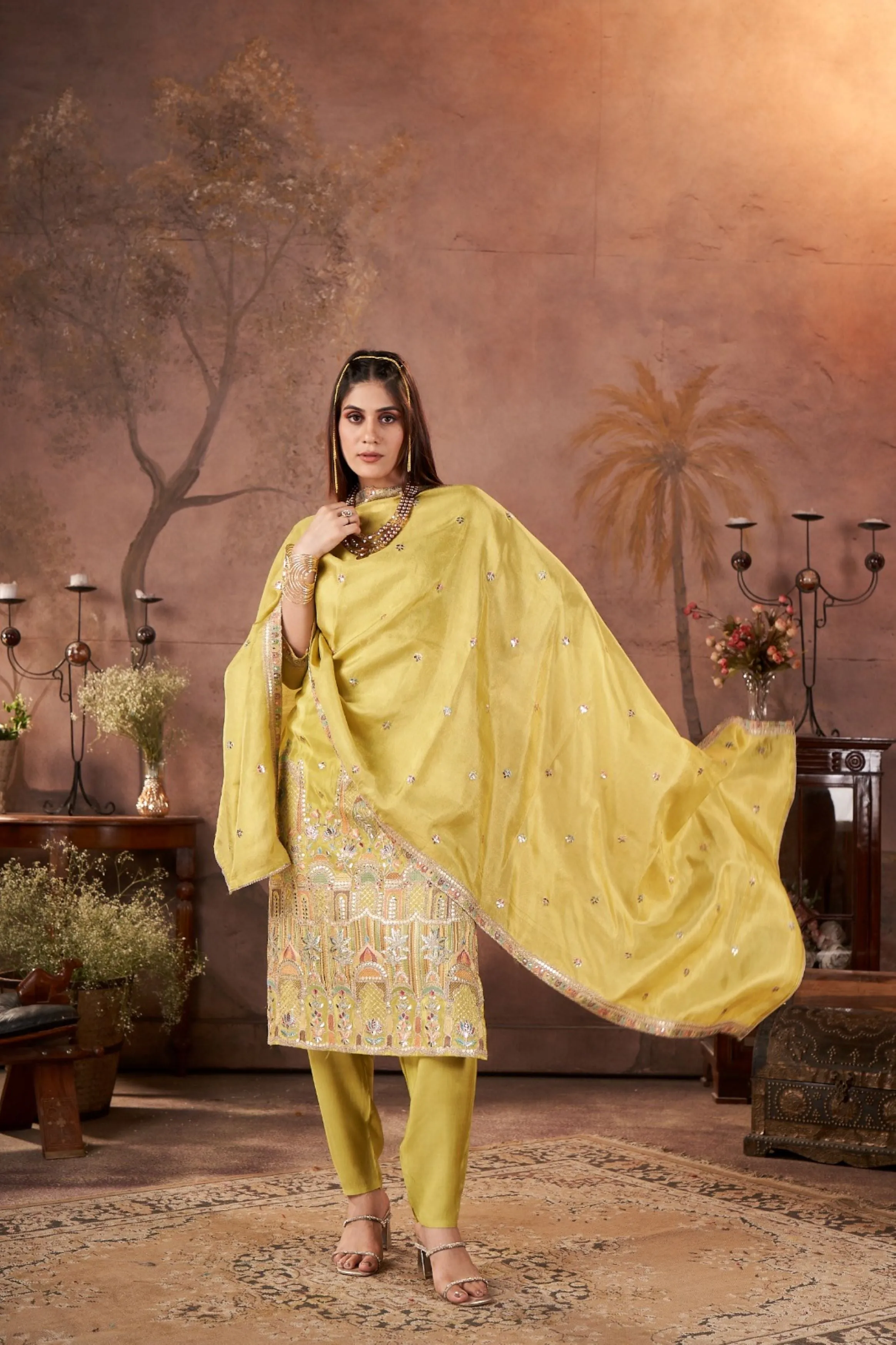 Golden Yellow Embellished Glass Tissue Silk Kurta Pant Set