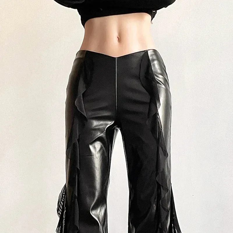 Gothic PU Flare Women Faux Casual Pants Zip Mesh Pants