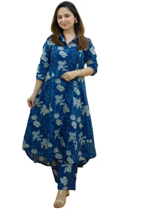 GRECIILOOKS Women's Rayon A-Line Below The Knee Coord Set (GL-W1818_Blue_XL)