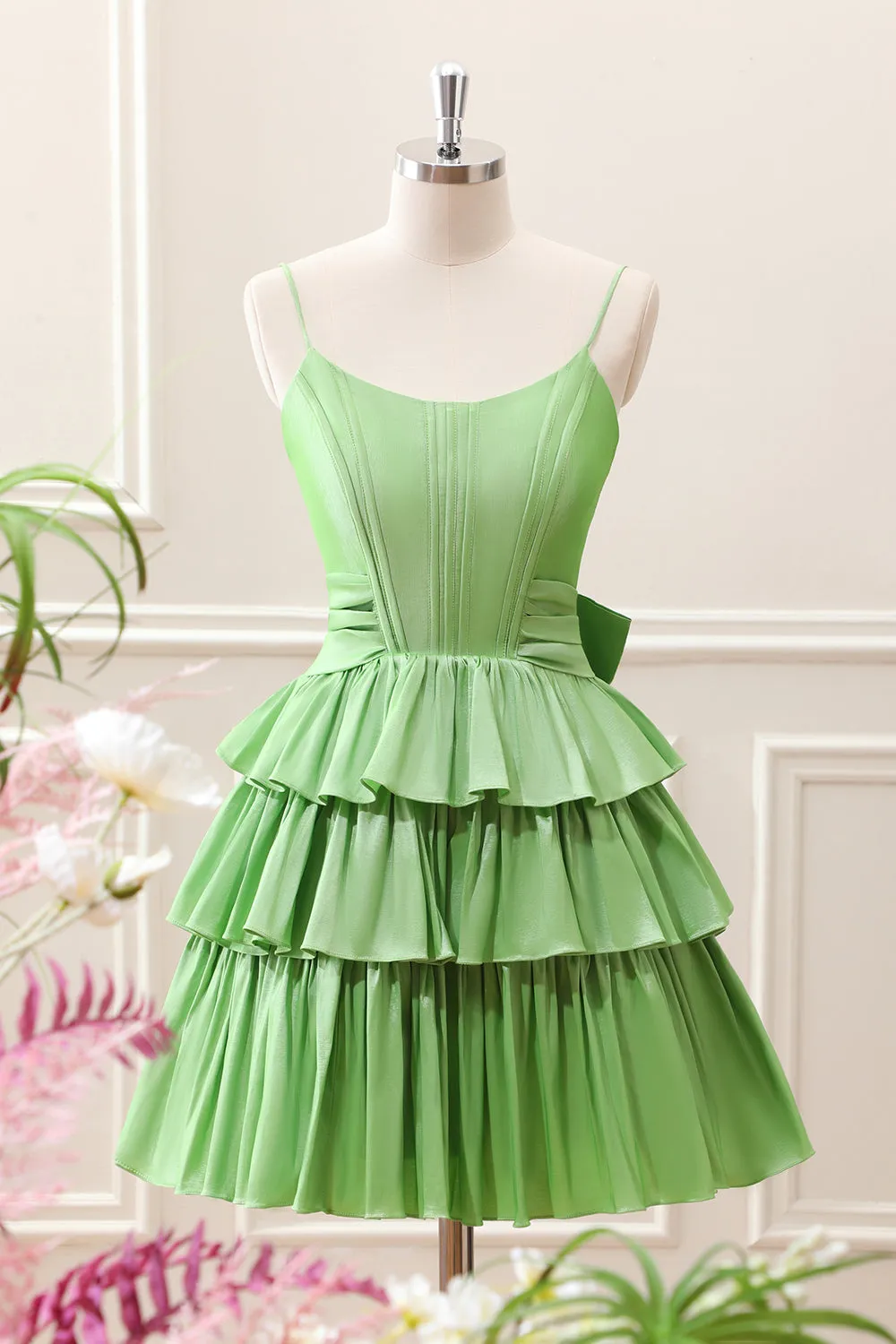 Green A Line Corset Tiered Ruffles Mini Dress with Bows