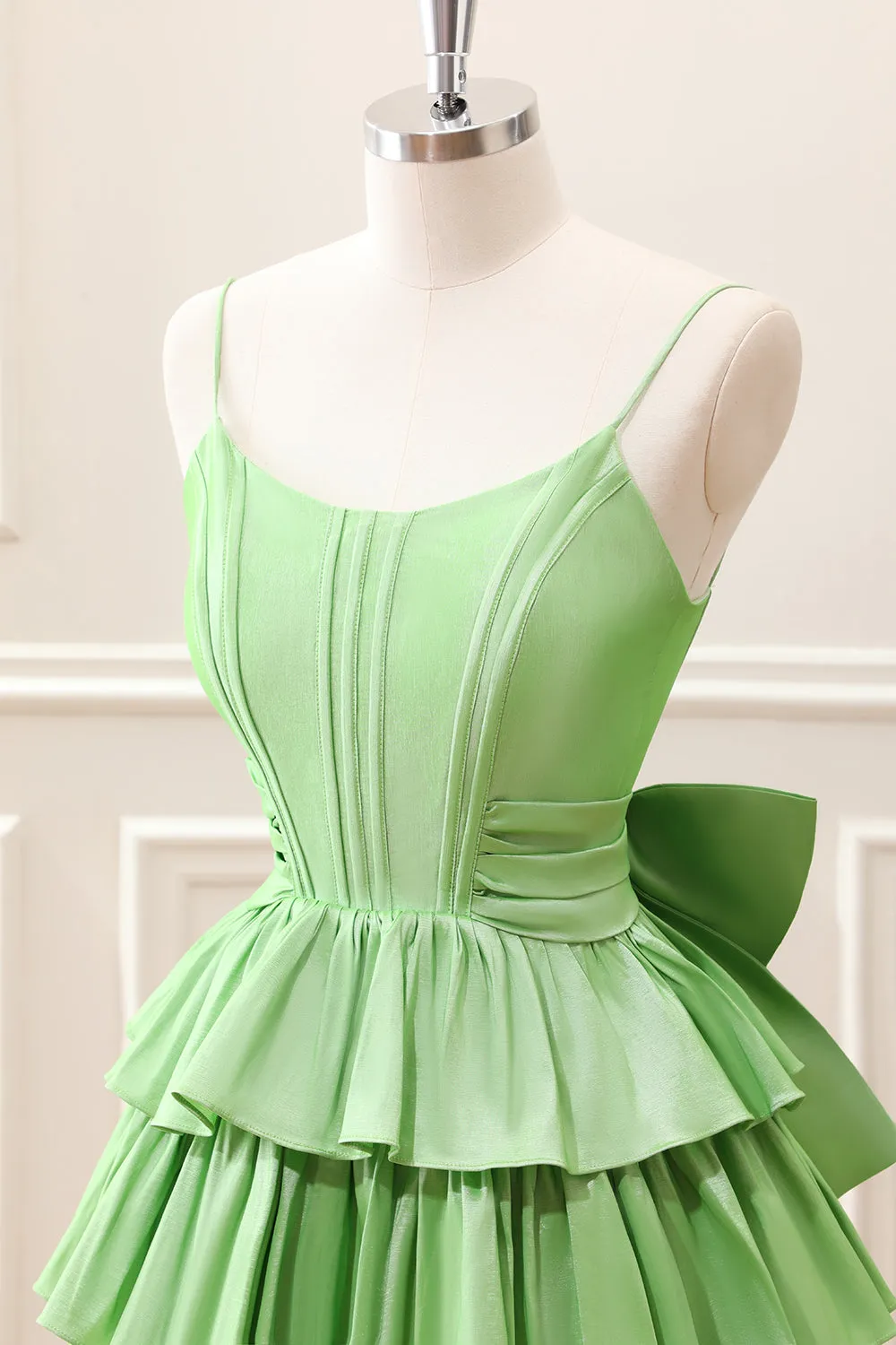 Green A Line Corset Tiered Ruffles Mini Dress with Bows