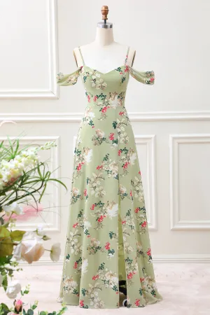 Green A Line Spaghetti Straps Floral Maxi Dress with Slit