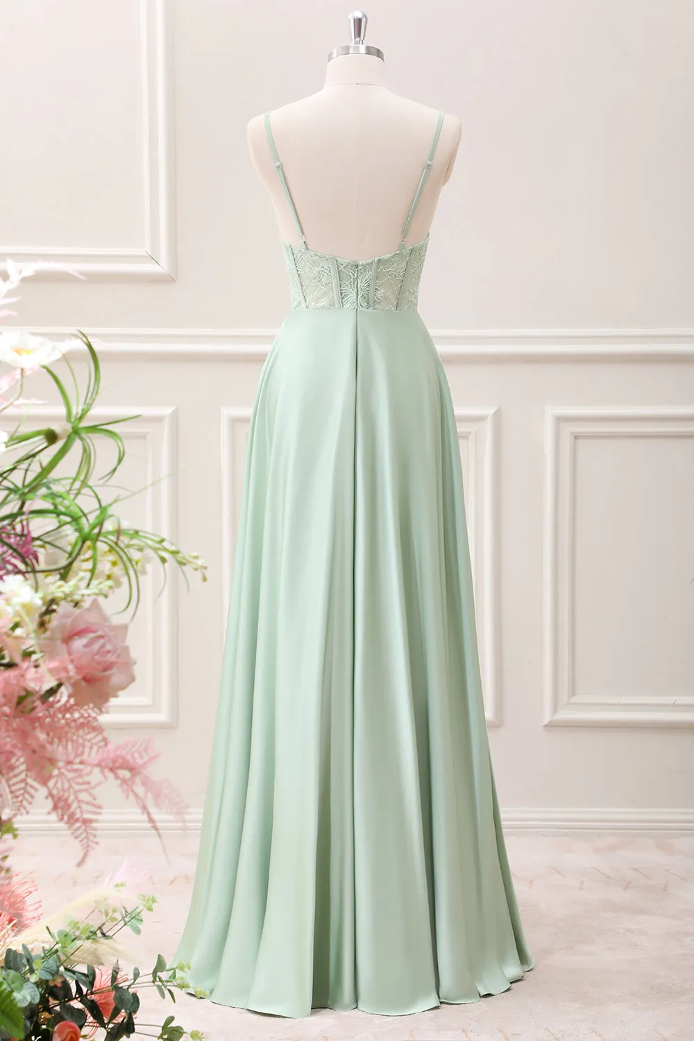 Green Corset A Line Embroidered Ruffle Maxi Dress with Slit